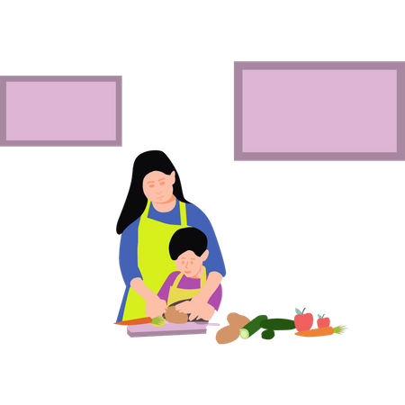 Madre e hijo cortando verduras  Ilustración