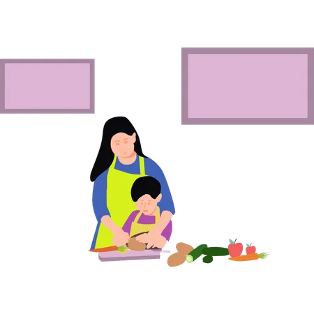 Madre e hijo cortando verduras  Ilustración