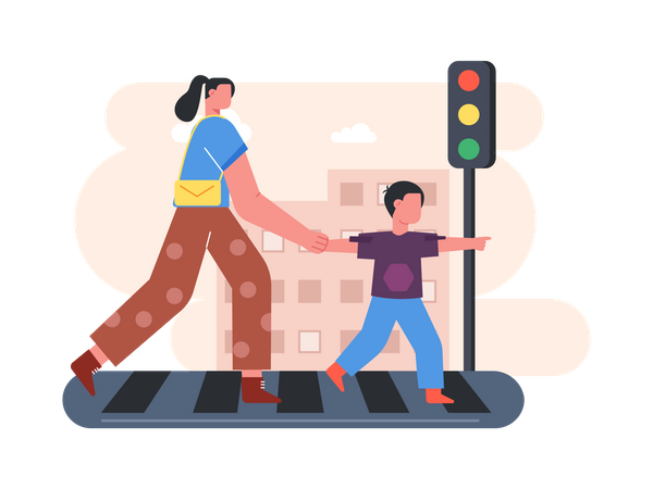 Madre e hijo cruzando la calle  Ilustración