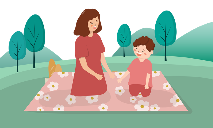 Madre e hijo disfrutando de un picnic  Ilustración