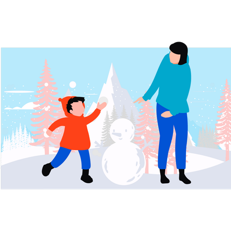 Madre e hijo están haciendo muñeco de nieve.  Ilustración