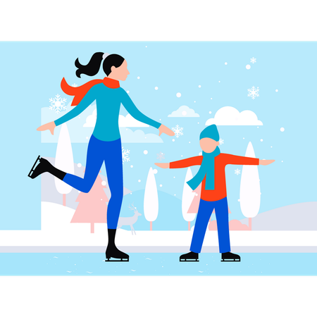 Madre e hijo hacen patinaje sobre hielo.  Ilustración