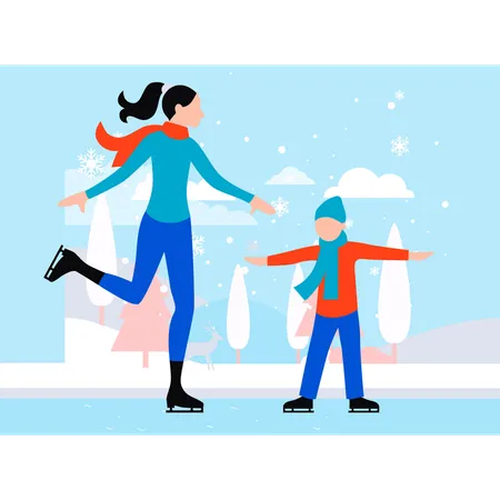 Madre e hijo hacen patinaje sobre hielo.  Ilustración