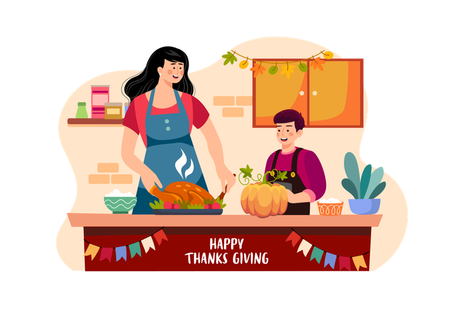 Madre e hijo están preparando comida para el Día de Acción de Gracias  Ilustración
