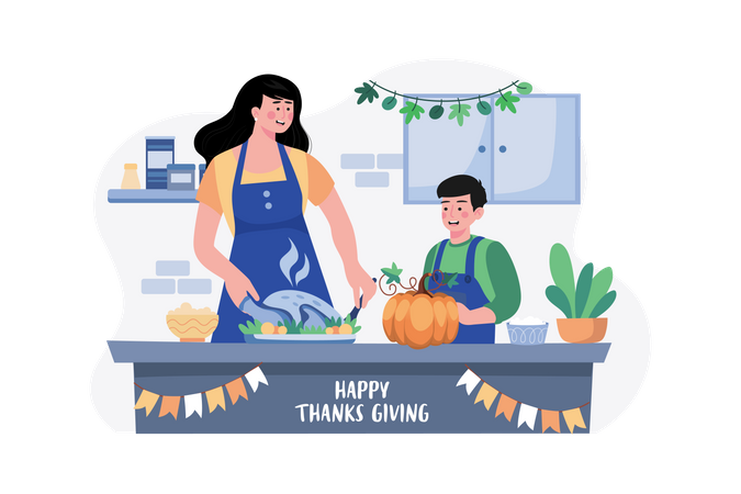 Madre e hijo están preparando comida para el Día de Acción de Gracias  Ilustración