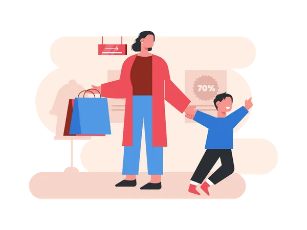 Madre e hijo haciendo compras  Ilustración