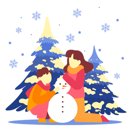 Madre e hijo haciendo muñeco de nieve  Ilustración