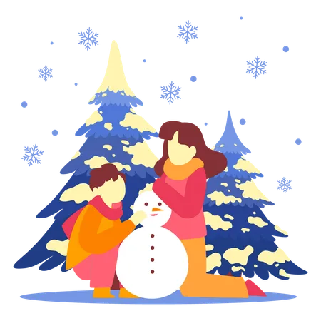 Madre e hijo haciendo muñeco de nieve  Ilustración