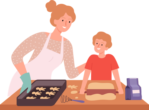 Madre e hijo horneando galletas  Ilustración