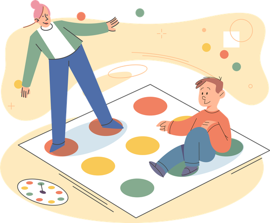 Madre e hijo jugando al Twister mientras juegan a un juego de interior  Ilustración