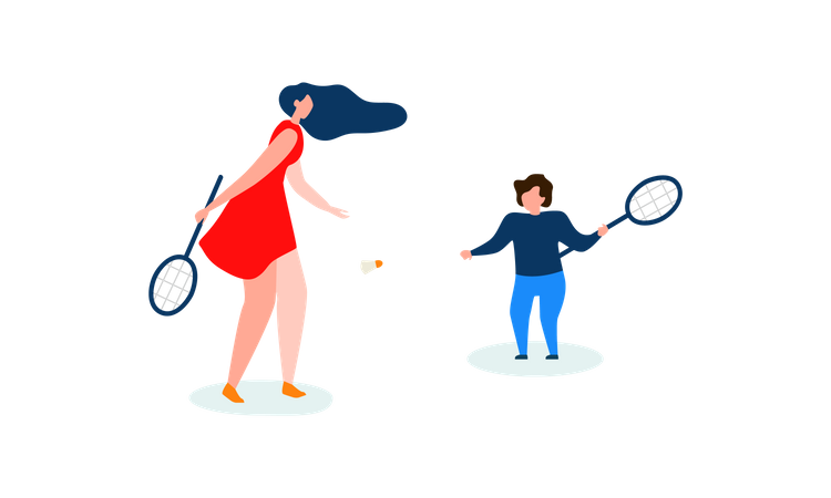 Madre e hijo jugando bádminton  Ilustración