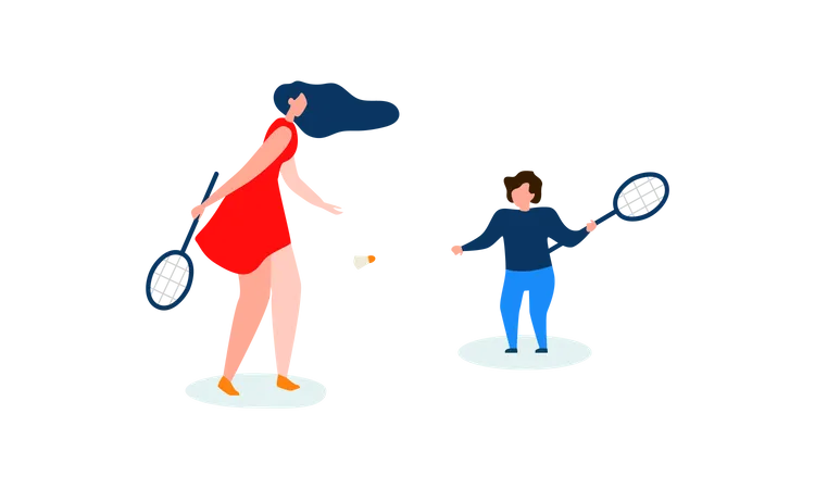 Madre e hijo jugando bádminton  Ilustración