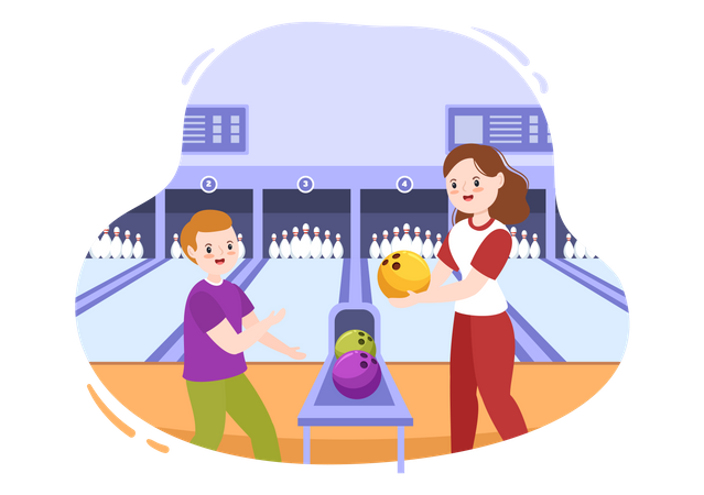 Madre e hijo jugando bolos  Ilustración