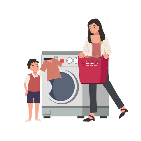 Madre e hijo lavando la ropa  Ilustración