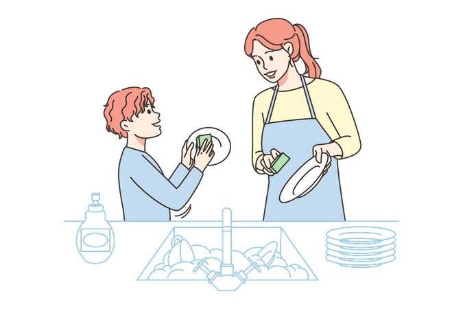 Madre e hijo lavando platos  Ilustración