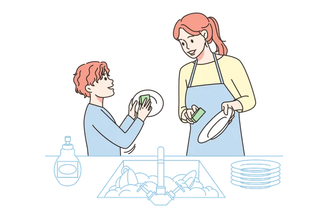 Madre e hijo lavando platos  Ilustración