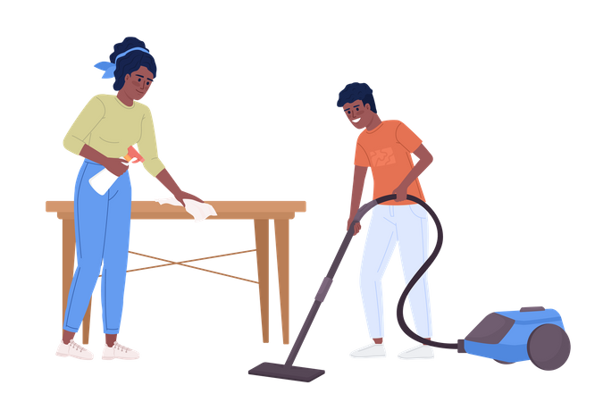 Madre e hijo limpiando la casa  Ilustración