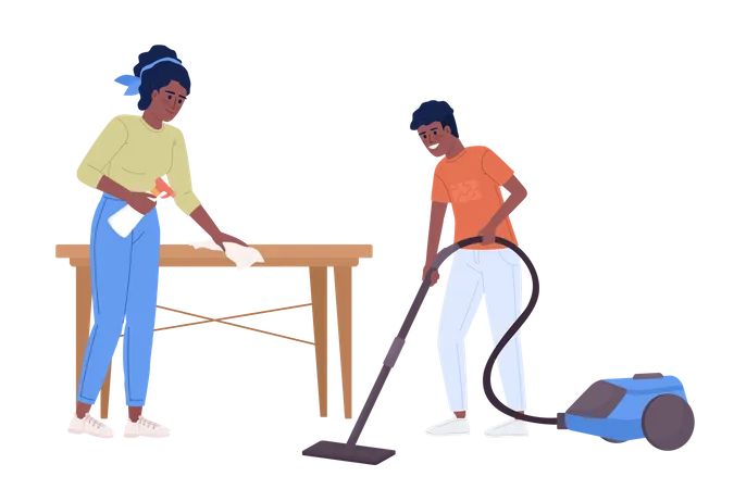 Madre e hijo limpiando la casa  Ilustración