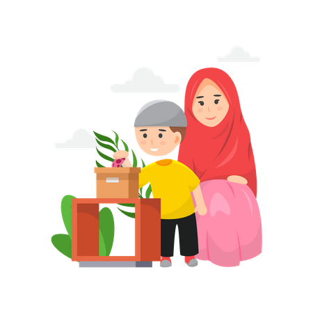 Madre e hijo musulmanes dando zakat  Ilustración