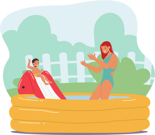 Madre e hijo pequeño jugando en la piscina  Ilustración