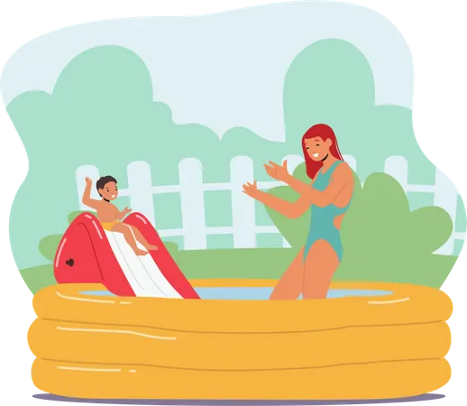 Madre e hijo pequeño jugando en la piscina  Ilustración
