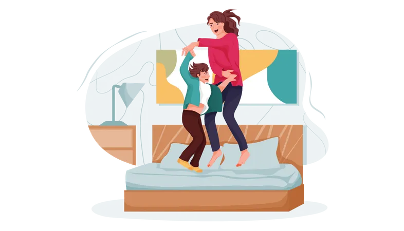 Madre e hijo saltando en la cama  Ilustración