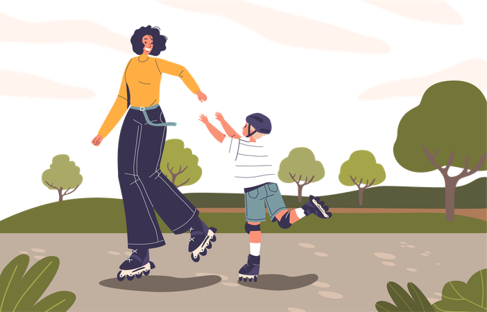 Madre e hijo se deslizan en patines  Ilustración