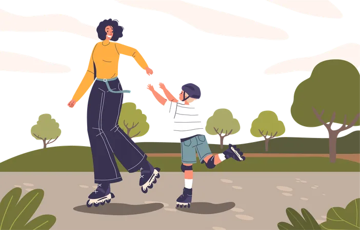 Madre e hijo se deslizan en patines  Ilustración