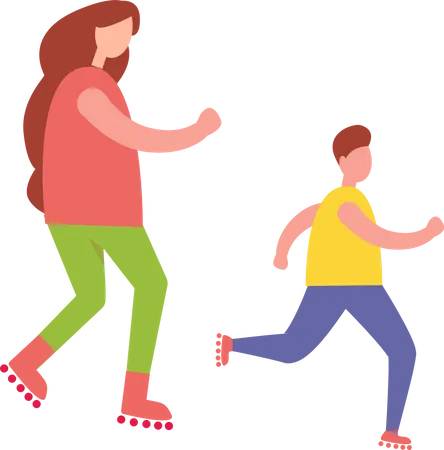 Madre e hijo patinando  Ilustración