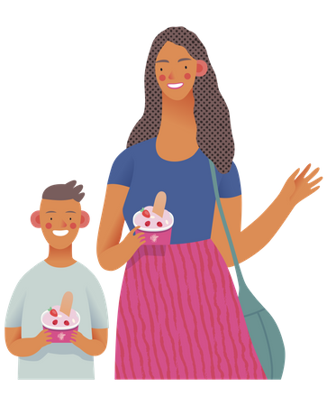 Madre e hijo sosteniendo yogur helado  Ilustración