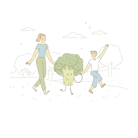 Madre e hijo tomados de la mano con brócoli sonriente  Ilustración