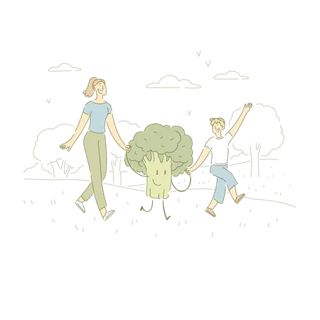 Madre e hijo tomados de la mano con brócoli sonriente  Ilustración