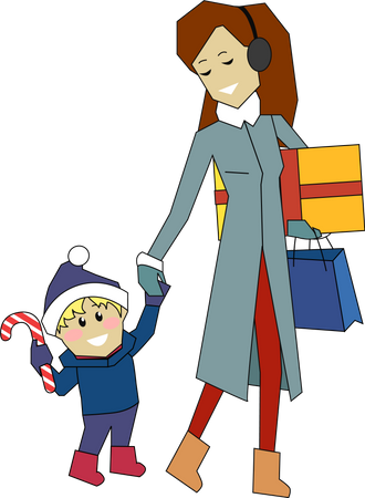 Madre e hijo van de compras en Navidad  Ilustración