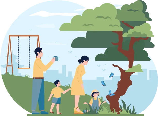 Madre e padre portarono il loro bambino al parco per divertimento  Illustration