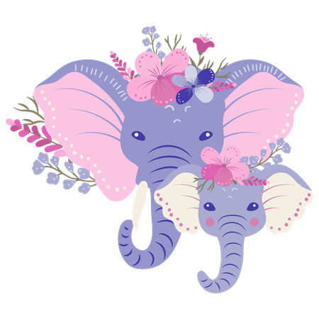 Madre elefante y bebé elefante con flores  Ilustración