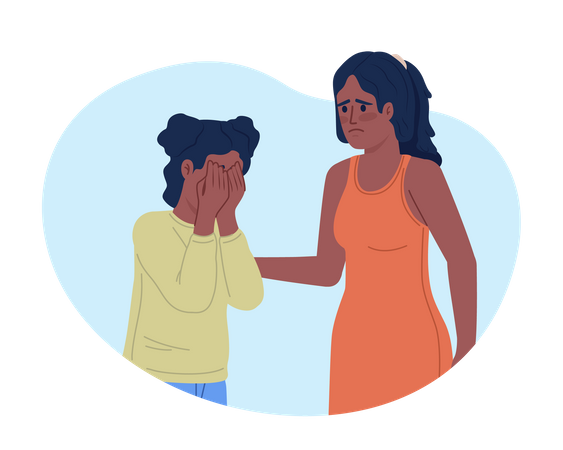 Madre empática tratando de consolar a su hija que llora  Ilustración