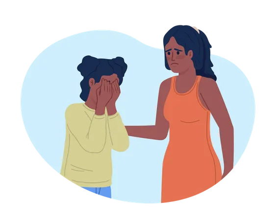 Madre empática tratando de consolar a su hija que llora  Ilustración
