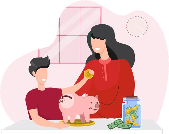 Madre enseña a sus hijos a ahorrar dinero  Ilustración