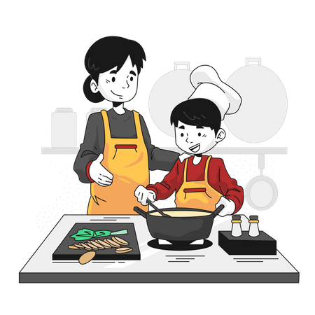 Madre enseñando a los niños a cocinar  Ilustración