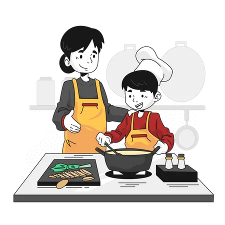 Madre enseñando a los niños a cocinar  Ilustración