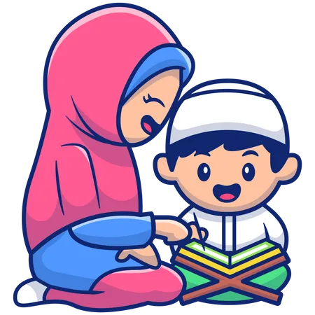 Madre enseñando a un niño musulmán a leer el libro del Sagrado Corán  Ilustración