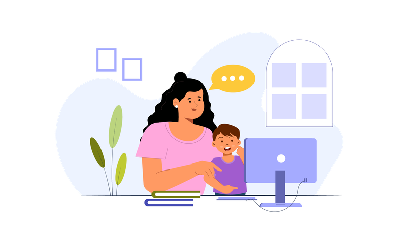 Madre enseñando a niño en la computadora  Ilustración