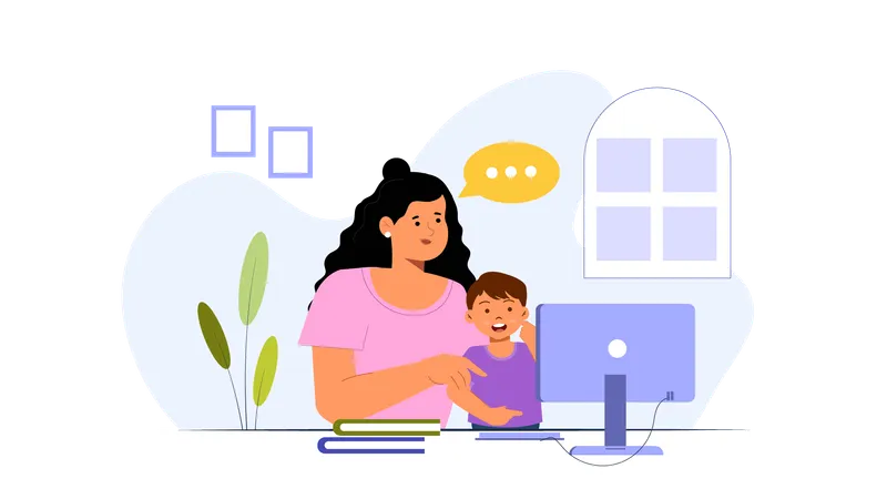 Madre enseñando a niño en la computadora  Ilustración