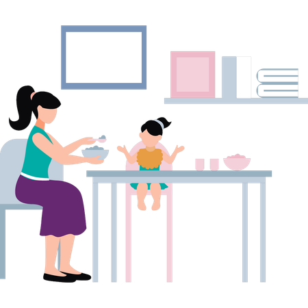La madre le está dando comida a su bebé.  Ilustración