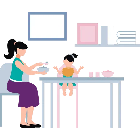 La madre le está dando comida a su bebé.  Ilustración