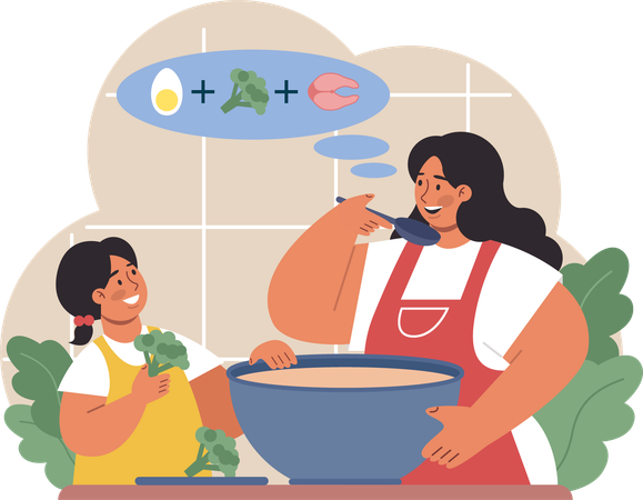 La madre está preparando sopa de verduras.  Ilustración