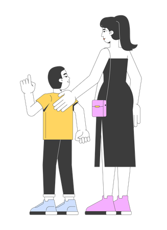 Madre europea guiando suavemente a su hijo pequeño mientras camina  Ilustración