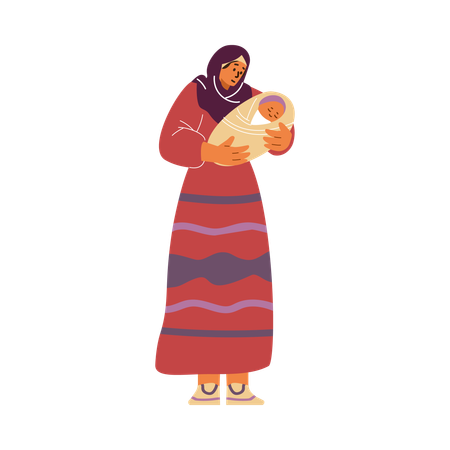 Madre feliz con hijab que pone a dormir a su bebé  Ilustración