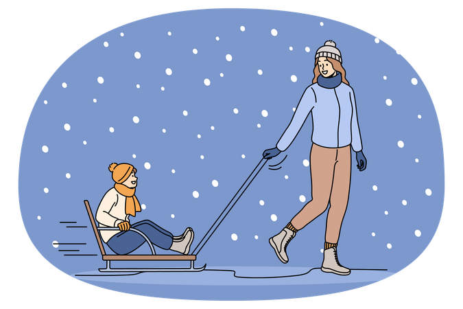Madre feliz con ropa de invierno monta a su hijo pequeño en trineo al aire libre  Ilustración
