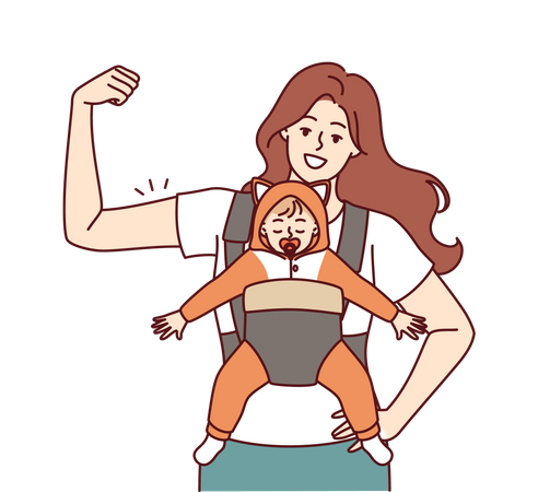 Una madre fuerte con un recién nacido en un portabebés muestra bíceps demostrando confianza en el futuro del niño  Ilustración